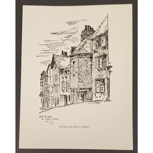 Vintage 1913 Pen & Ink Drawing Old Houses Looe Street Plymouth Devon England s.J